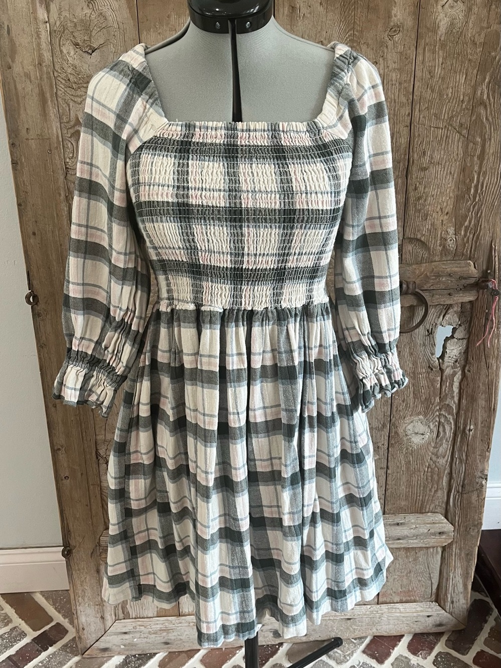 Madewell Smocked Plaid Mini Dress in Cream, Sage & Light Pink